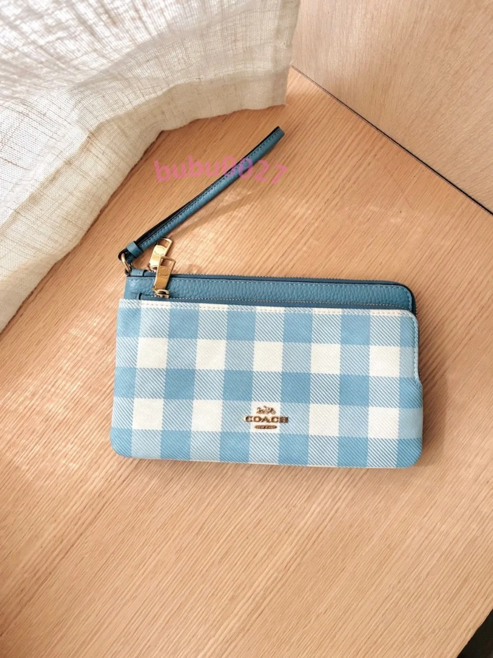 NWT🍬Coach Double Zip Wristlet With Gingham Print Large wallet Blue CEY50
